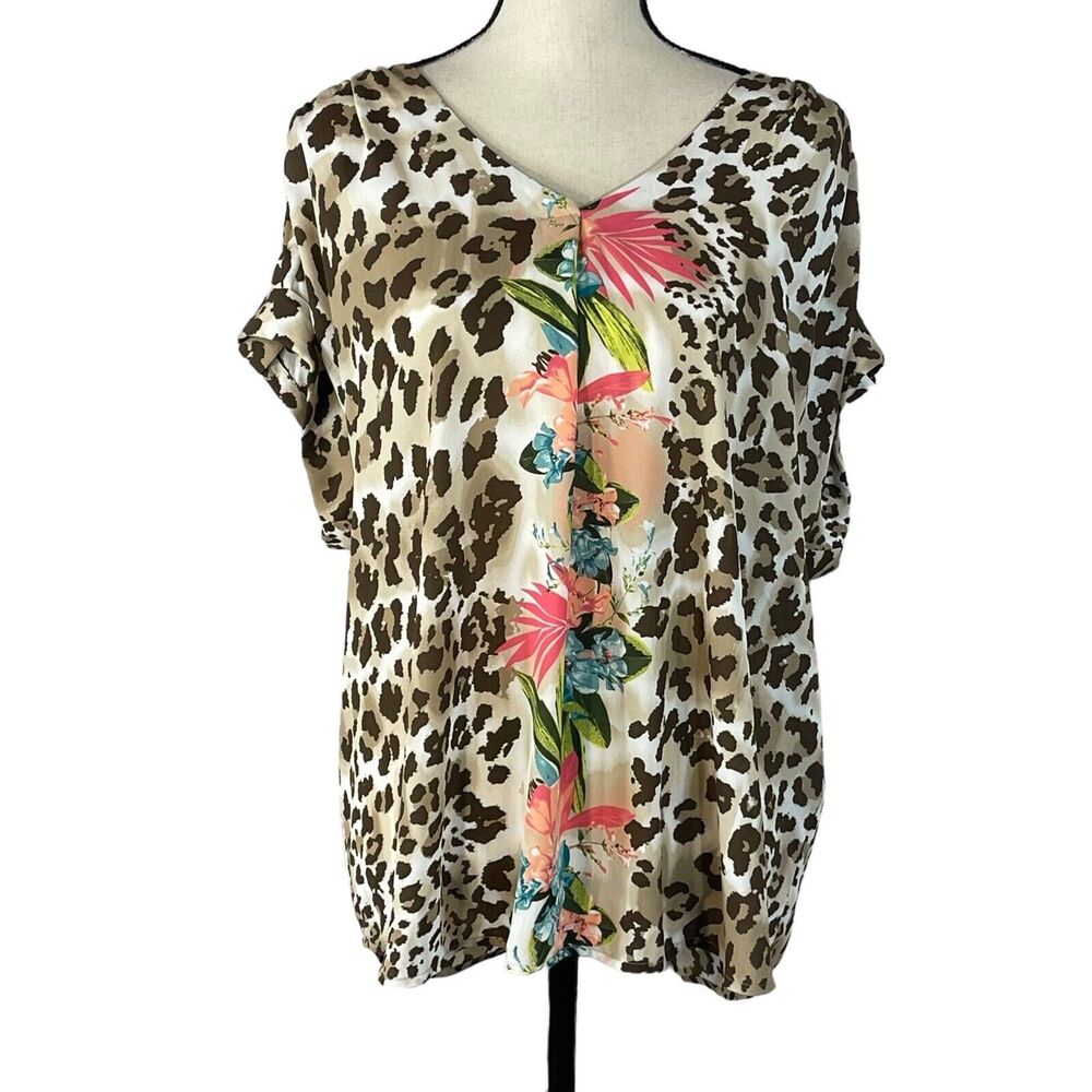 JM Collection 0X-Large Top Floral Leopard Print Dolman Sleeves Semi-Sheer V-Neck